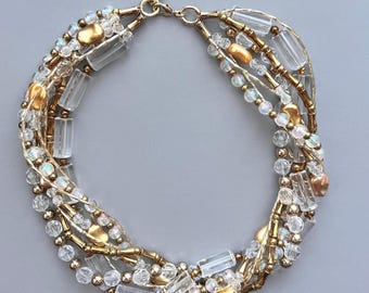 Gold Multi Strand Beaded Necklace, Bridal Jewelry, Wedding Necklace, Crystal Statement Necklace, Gold Coker, Champagne Gold Necklace, Gift