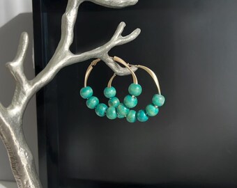 Green Wood Beads Earrings, Matte Gold Twisted Hoop Earrings, Boho Earrings, Earrings, Lightweight Statement Jewelry, Modern Gift for Her