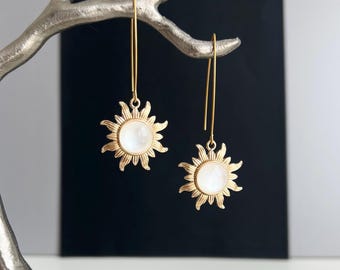 Gold sun earrings, sunburst earrings, celestial earrings, minimalist gold earrings, elegant dangle earrings, gift for her