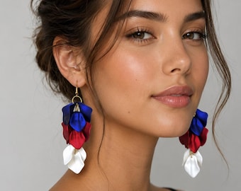 4th July Patriotic Earrings, Red White Blue Petal Earrings, Statement Petal Earrings, USA Colors Dangle Earrings, Gift for Her