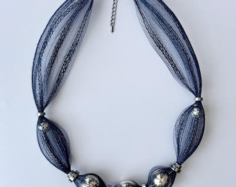 Black Mesh Necklace with Gold Beads, Avant Garde Necklace, Contemporary Statement Necklace, Modern Mesh Jewelry, Artistic Collar Necklace
