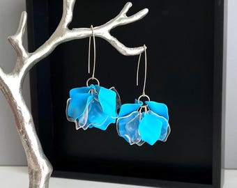 Aqua Blue Petal Earrings, Turquoise Flower Earrings, Statement Acrylic Earrings, Lightweight Dangle Earrings, Modern Floral Earrings, Gifts