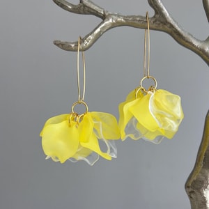 May include: A pair of dangle earrings featuring yellow and white flower-shaped pendants. The earrings have long, thin gold-colored hooks and small gold-colored rings connecting the hooks to the floral pendants. The petals are translucent.