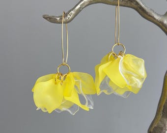 Lemon Yellow Petal Drop Earrings: Boho Bridal Statement Jewelry