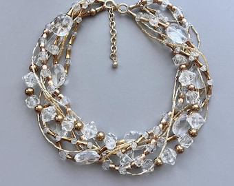 Clear Acrylic Statement Necklace, Gold Multi Strand Beaded Necklace, Layered Gold Bead Choker, Crystal Bib Necklace, Handmade Bridal Jewelry
