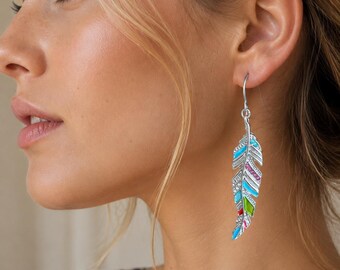 Silver Feather Boho Earrings, Colorful Enamel Earrings, Crystal Dangle Earrings, Statement Earrings, Stainless Steel Hook Earrings, Gifts