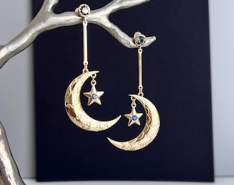 Gold Moon and Star Earrings, Celestial Statement Earrings, Long Dangle Earrings, Blue Crystal Earrings, Cosmic Jewelry, Gift for Her