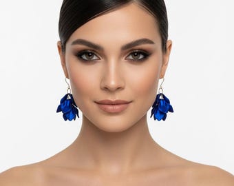 Royal Blue Petal Earrings, Cobalt Blue Flower Earrings, Statement Drop Earrings, Lightweight Dangle Earrings, Modern Floral Earrings, Gifts