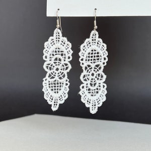 White lace earrings, textile earrings, lightweight earrings, gift for her, cotton earrings, elegant boho earrings, art deco earrings