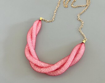Pink mesh necklace, crystal collar necklace, statement necklace, modern necklace, contemporary necklace, designer collar, gift for her