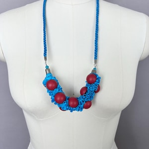 Bold Blue and Red Statement Necklace, Chunky Fabric Bead Necklace, Colorful Textile Necklace, Unique Artistic Jewelry, Gift for Her