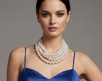 5 Strand Pearl Necklace, Statement Pearl Collar, Layered White Pearl Necklace, Bridal Pearl Jewelry, Elegant Wedding Necklace, Gift Necklace