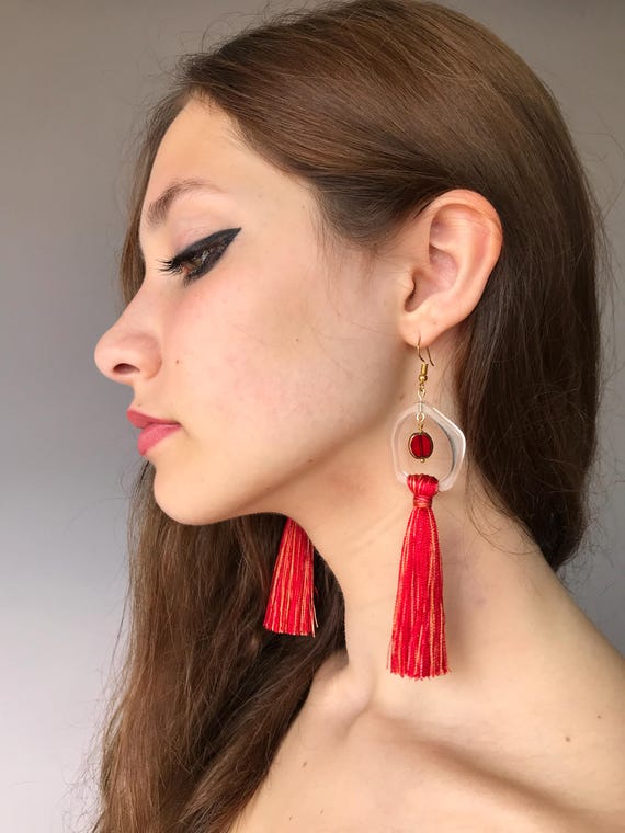 Red Tassel Drop Earrings: Boho Chic Statement Jewelry - Etsy display picture 3