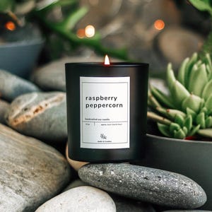 Candela di soia al lampone e pepe, candela speziata e terrosa, candela profumata unica, decorazione estiva per la casa, regalo di cura di sé ispirato alla frutta, candela vegana