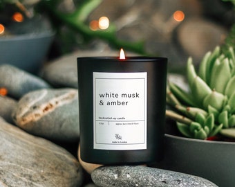 WHITE MUSK & AMBER Soy Wax Candle Autumn Candle Gift For Her Home Decor Modern Cabin Decor Fall Wedding Idea Hygge Home Decor Forest Candle