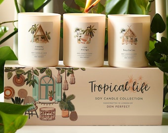 TROPICAL LIFE Soy Candle Collection. Seychelles, Ripe Mango, Creamy Coconut. Natural Candle Gift Hamper New Home Gift Set