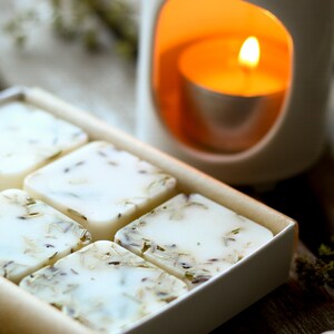 Puede incluir: Una caja blanca llena de seis cubos de cera derretida, cada uno con hierbas y flores secas. La caja est&aacute; sobre una superficie de madera junto a un calentador de velas de cer&aacute;mica blanca con una vela de t&eacute; encendida dentro.
