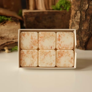 K&ouml;nnte beinhalten: Eine wei&szlig;e Box mit sechs quadratischen Wachs-Schmelzen mit einem hellbraunen und goldenen Muster.