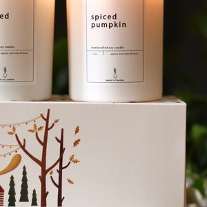Puede incluir: Dos velas de soja blancas con etiquetas. La vela de la izquierda est&aacute; etiquetada como "ed" y la vela de la derecha est&aacute; etiquetada como "spiced pumpkin". Ambas velas son velas de soja artesanales y tienen un tiempo de combusti&oacute;n de aproximadamente 40 horas. Las velas est&aacute;n sobre una caja blanca con una escena de bosque impresa en ella. La caja est&aacute; etiquetada como "The Collection" y "Perfect London".