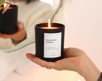 LAVENDER AMBER Soy Wax Candle Natural Lavender Essential Oil Spa Day Gift For Her Soy Candle Gift Box Christmas Home Decor Meditation Candle