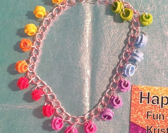 Lego Flower Bracelet - Rainbow Flower 2 - Unique statement up-cycled toy art - Teacher gift Maximalist Novelty accessories