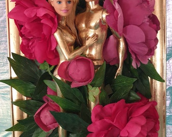 Barbie/Ken floral 3D art piece - Maximalist statement art for dopamine decor - Retro Vintage toys