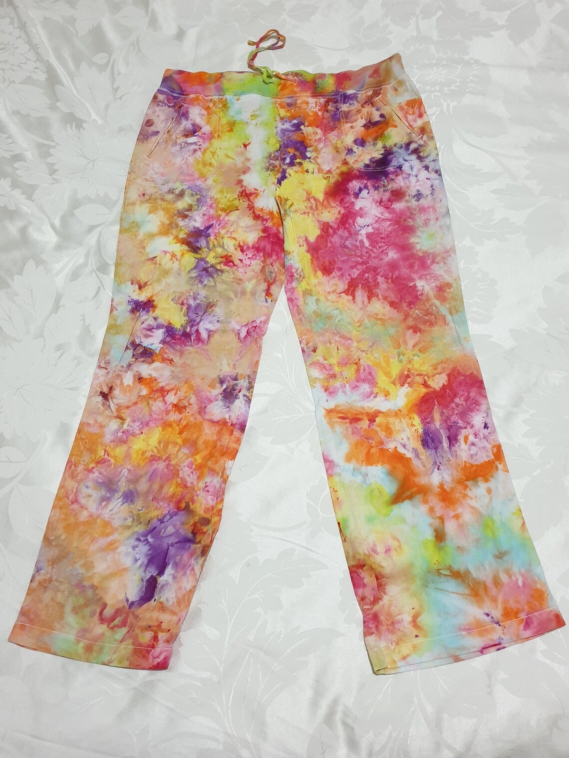 RAINBOW Tie-dye LINEN Trousers Size 16 | Etsy