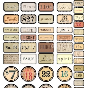 Etiquetas imprimíveis com palavras e números aleatórios, download digital para diários de lixo, scrapbooking, criação de cartões, artesanato em papel e planejadores