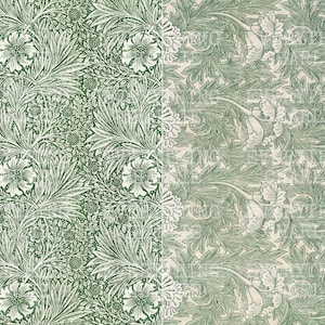 May include: A seamless pattern featuring a repeating design of stylized green leaves and white flowers. The pattern is symmetrical and has a vintage aesthetic.