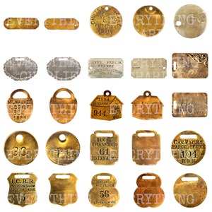 May include: A collection of 20 antique brass and silver tags with various text and designs. The tags have different shapes, sizes, and styles, including round, oval, rectangular, and shield-shaped. Some of the tags have holes for attaching to items, while others have loops or rings. The tags feature text such as "Express 11.3 280", "Winnipeg Man 27th June 1895", "Duffy, Ferris, Spence Mounted Collectors Cin.P.O. 1894", "Milwaukee License 894 1898", "1894 Davenport 944", "Bucks Transfer 61 Helena, Mt", "Can Pac Ry Parcel Office #104 R.B.H", "I.C.R.R. Package Room Jackson, Miss", "The Saupaugh 56 Mankato, Minn", "Thor. L. Dickes Insurance Co. of N.Y. 52", "C.P.R. 385 1887".