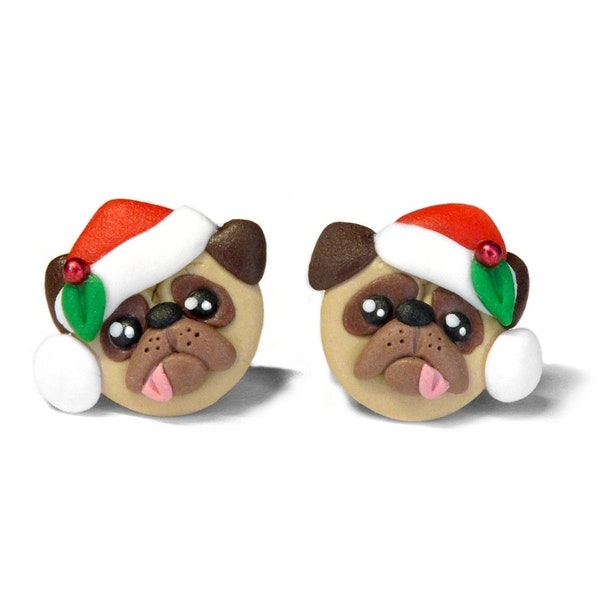 Christmas pug earrings, Polymer clay pug, Dog lover gift, Dog earrings, Pug mom gift, Funny pug earrings, Kawaii earring, Dog jewelry