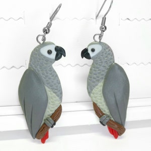 African grey parrot earrings, Polymer clay jewelry, Parrot lover gift, Parrot earrings, Congo african grey, Parrot owner gift, Boho jewelry