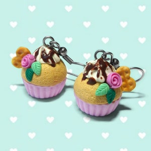 Pink cupcake earrings, Miniature cupcake, Miniature food, Food earrings, Kawaii jewelry, Polymer clay jewelry, Fairy kei, Pastel cupcake