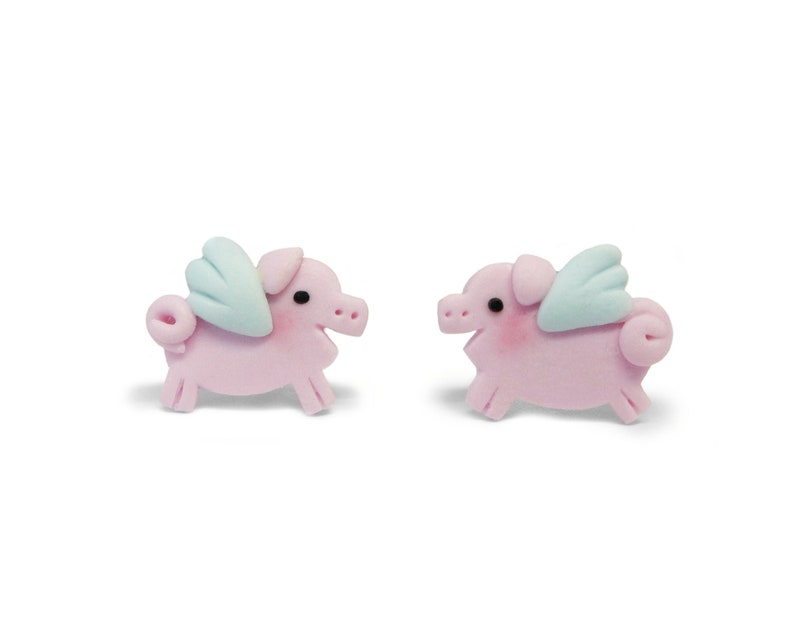 Pig with wings Angel pig earrings Polymer clay jewelry Kawaii earrings Funny stud earrings Flying pig earrings Childrens earrings