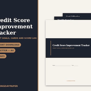 Puede incluir: Un documento digital de seguimiento de mejora de puntaje de crédito con un esquema de color azul marino oscuro y crema. La portada presenta el texto Credit Score Improvement Tracker, Credit Goals, Cards and Score Log, Name y Year.