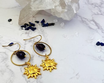 Gold Sun Dangle Earrings, Celestial Boho Statement Earrings