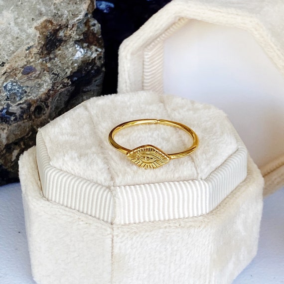 Gold Plated Sterling Silver Evil Eye Ring, Adjustable Protection Ring