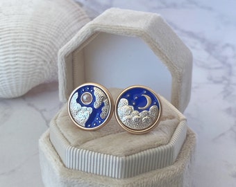 Enamel Cloud Earrings, Sterling Silver Moon Star Studs