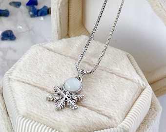 Snowflake Sterling Silver Necklace |  Moonstone Necklace Sterling Silver |  Sterling Silver Snowflake Charm |  Silver Snowflake Necklace