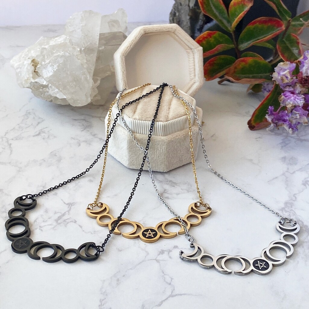 Collana Dea Della Tripla Luna In Argento 925 Con Cristallo Chakra - Pendente Pentacolo Wicca Con Catena, Gioiello Donne