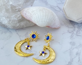 Vintage Celestial Dangle Earrings: Gold Moon, Star, & Blue Cubic Zirconia
