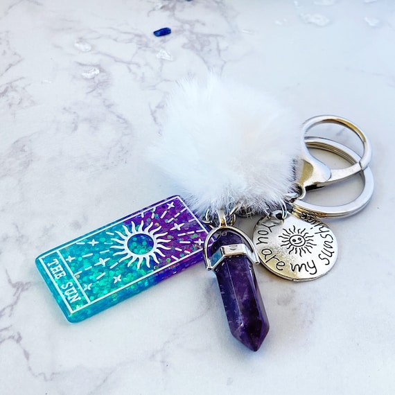 Handmade Pastel Goth Keychain: Resin Tarot Card, Amethyst Crystal