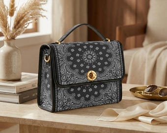 Black Bandana Print Canvas Satchel Bag, Paisley Crossbody Purse, Top Handle Shoulder Handbag Gift for Women