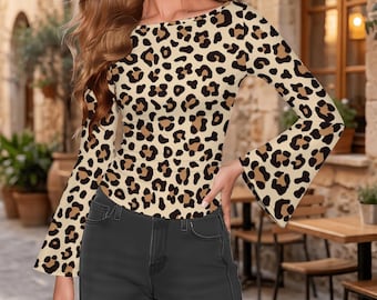 Leopard Print Boat Neck Top, Women’s Flare Sleeve Blouse, Animal Print Long Sleeve Shirt, Trendy Casual Top