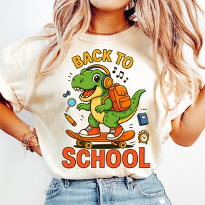 Back to School Dinosaur PNG – Cute T-Rex Skateboarding Clipart for Kids Shirts, Sublimation Design, Digital Download