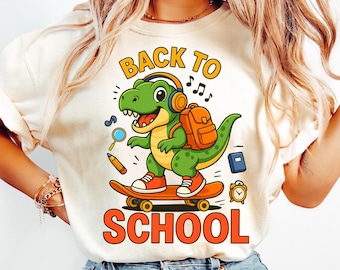 Back to School Dinosaur PNG – Cute T-Rex Skateboarding Clipart for Kids Shirts, Sublimation Design, Digital Download