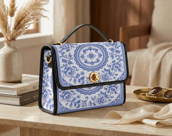 Custom Blue Chinoiserie Crossbody Bag, Floral Toile Shoulder Purse, Personalized Elegant Handbag Gift for Women