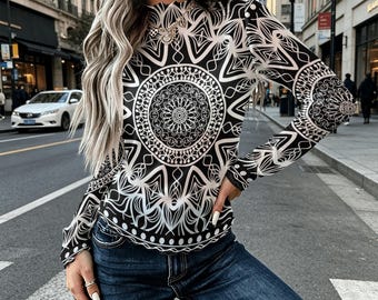 Black White Mandala Mesh High Neck Top, Women’s Sheer Long Sleeve Blouse, Boho Geometric Layering Shirt