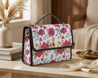 Red Floral Crossbody Bag, Botanical Print PU Leather Purse, Top Handle Shoulder Handbag Gift for Women