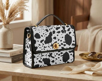 Cow Print Crossbody Bag, Black White Animal Pattern Purse, Minimalist Top Handle Shoulder Bag Gift for Women
